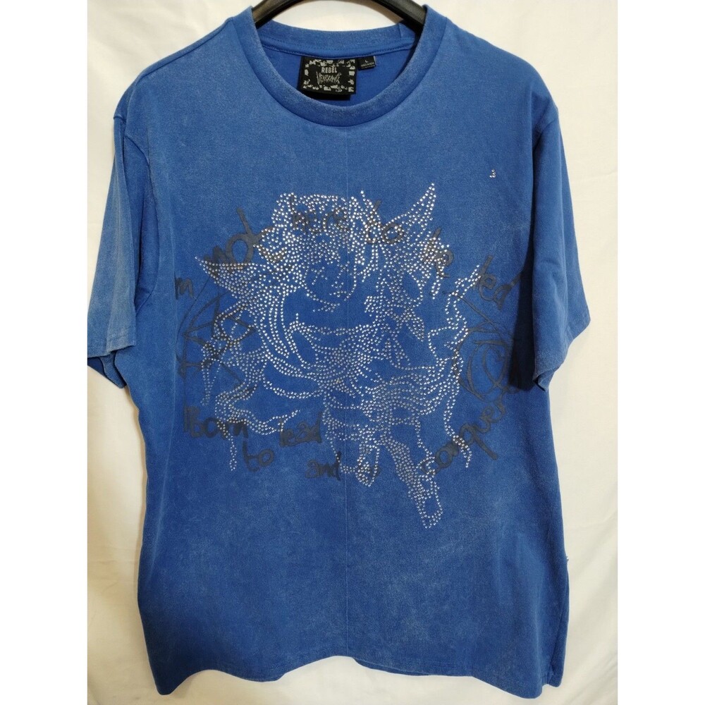 Rebel Vengeance Blue Mineral Wash Rhinestone Angel Graphic T-shirt Y2K...